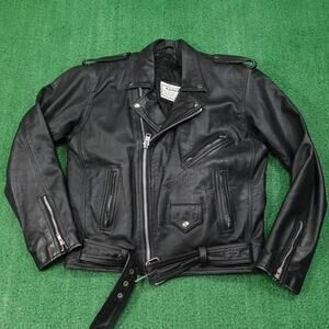 Vintage Addis Fashions Leather Jacket 42 Black Belted Motorcycle Biker Zip